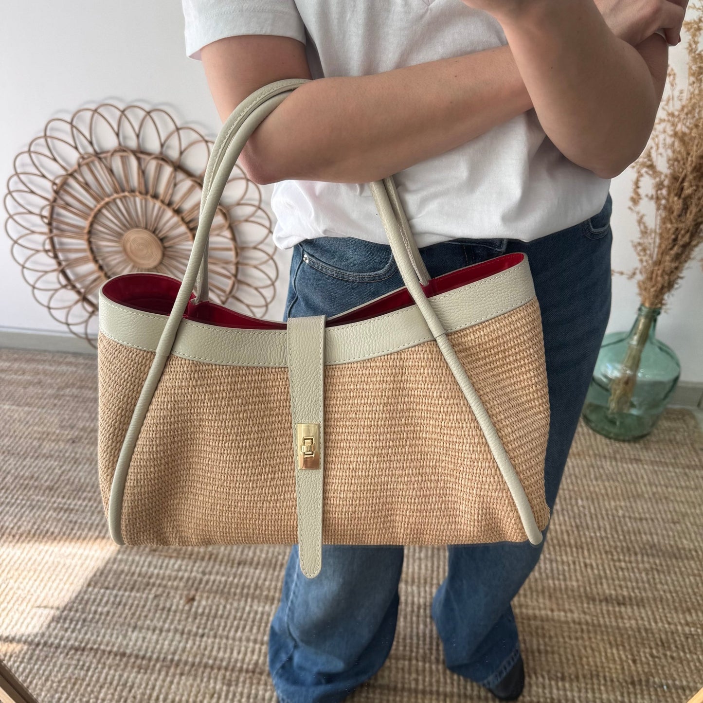 Bolso shopping piel y rafia beige - Bubbleshopbcn