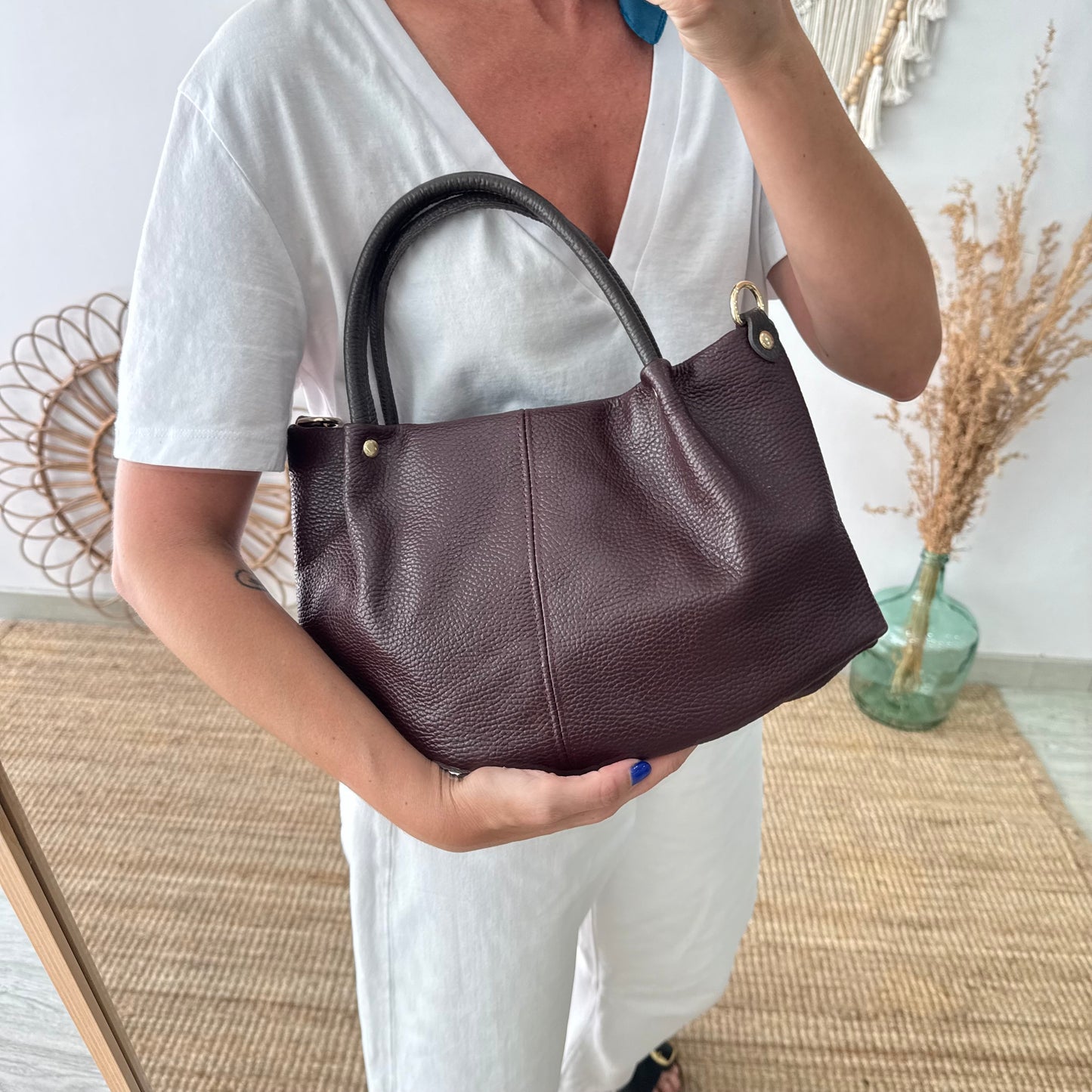 Bolso piel granate asas contraste marrón