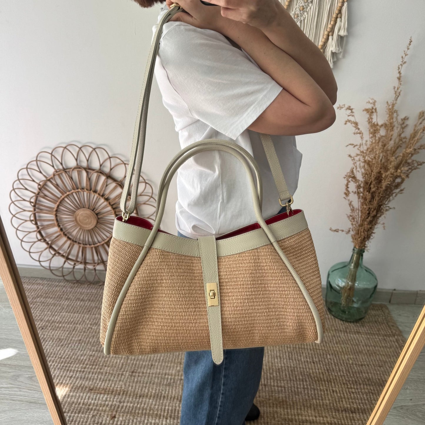 Bolso shopping piel y rafia beige - Bubbleshopbcn