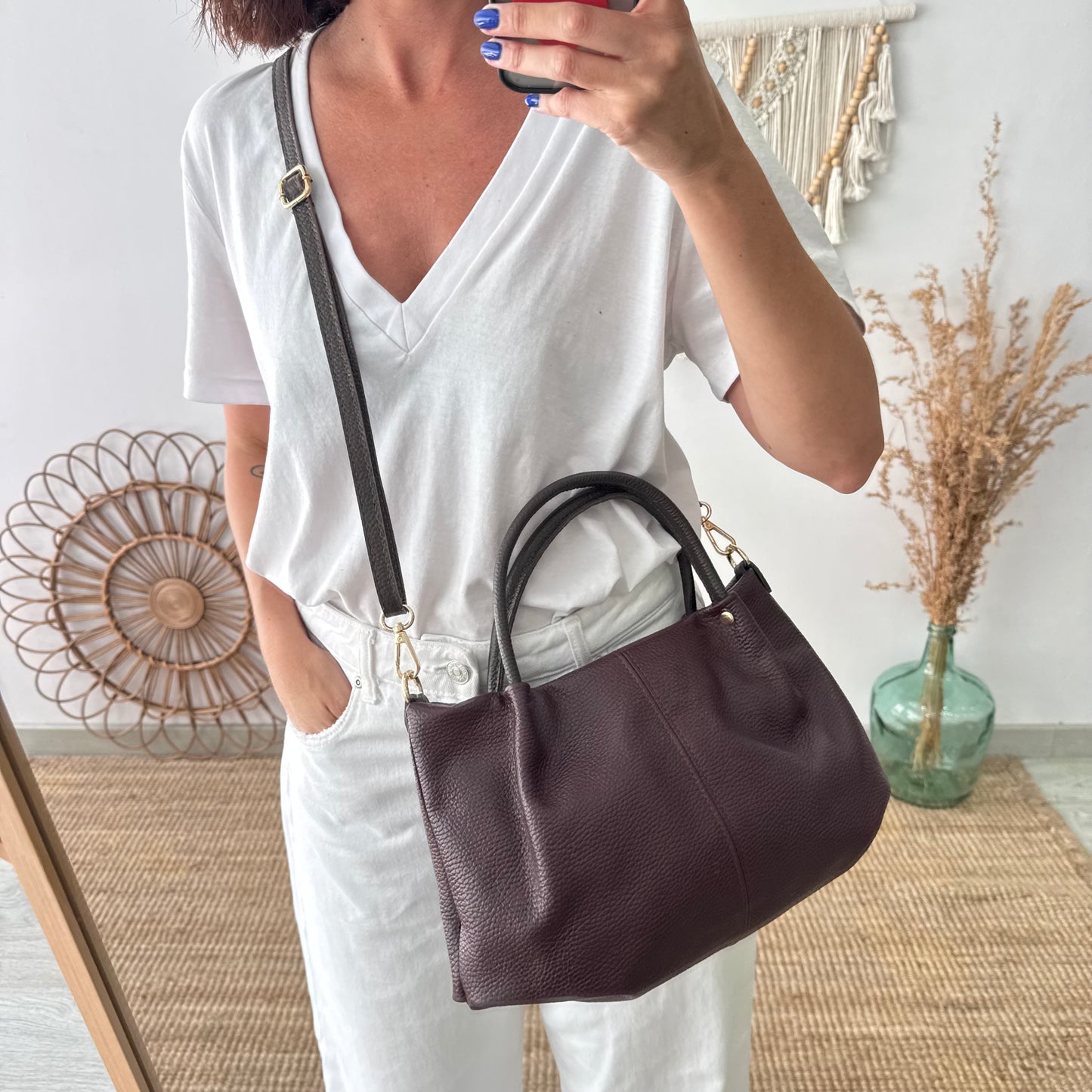 Bolso piel granate asas contraste marrón