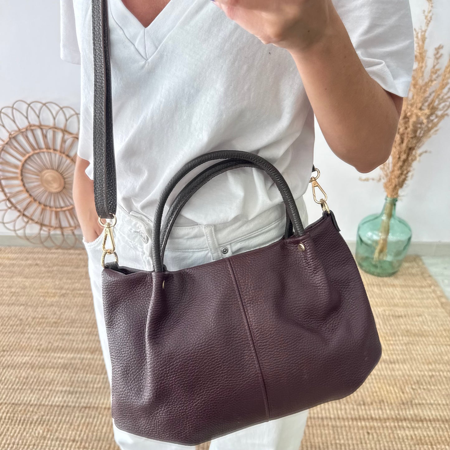 Bolso piel granate asas contraste marrón