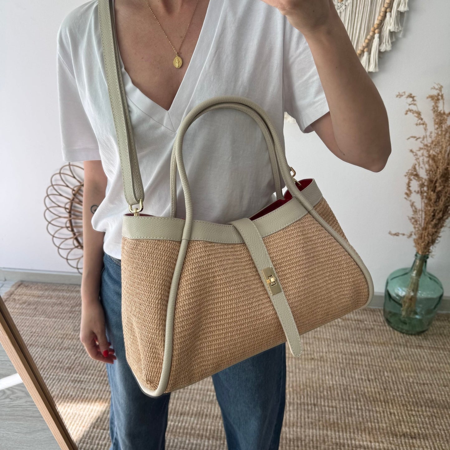 Bolso shopping piel y rafia beige - Bubbleshopbcn