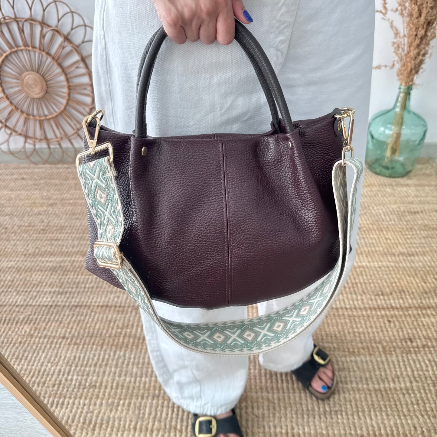 Bolso piel granate asas contraste marrón