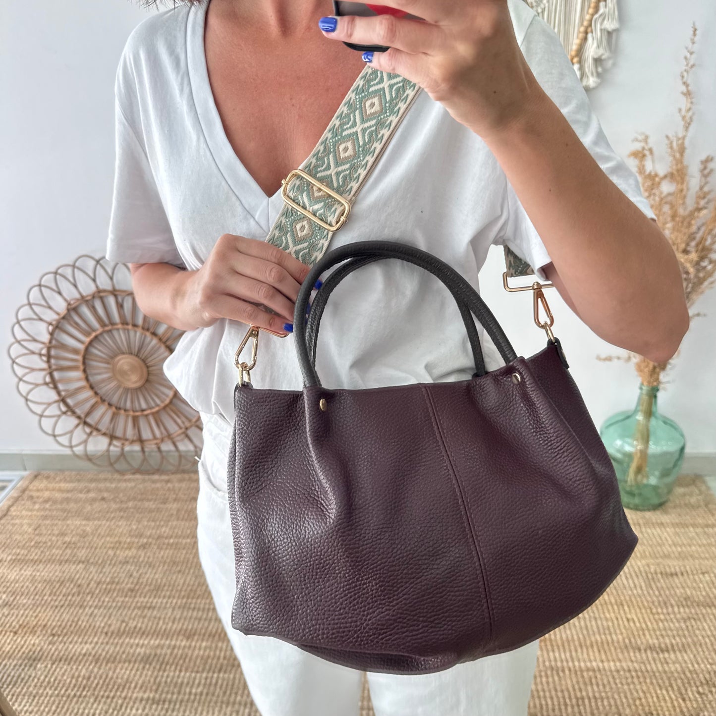 Bolso piel granate asas contraste marrón