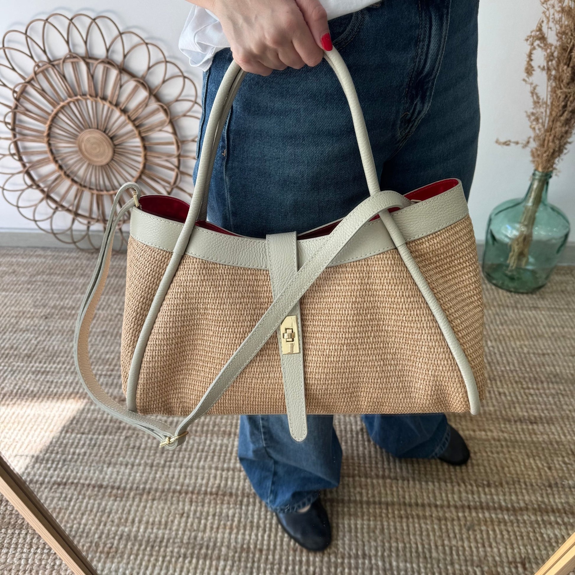 Bolso shopping piel y rafia beige - Bubbleshopbcn