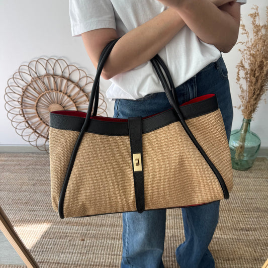 Bolso shopping piel y rafia negro