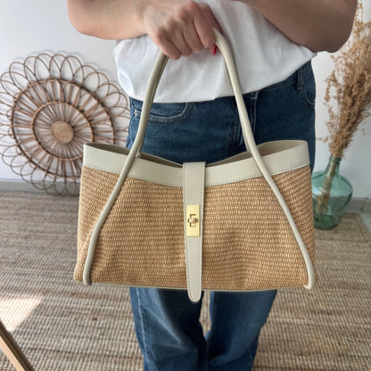 Bolso shopping piel y rafia beige mediano