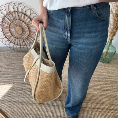 Bolso shopping piel y rafia beige mediano