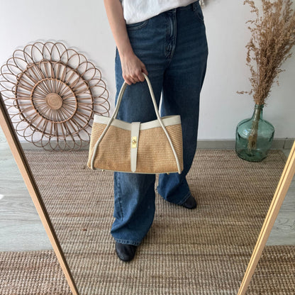 Bolso shopping piel y rafia beige mediano