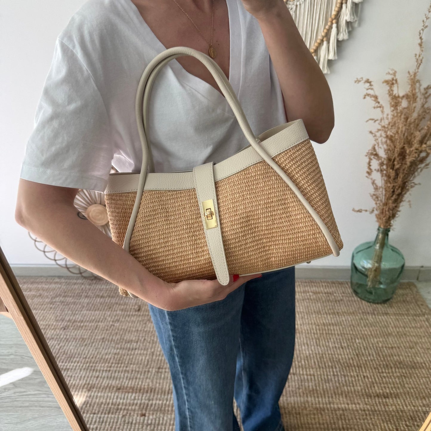 Bolso shopping piel y rafia beige mediano
