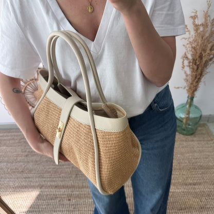Bolso shopping piel y rafia beige mediano