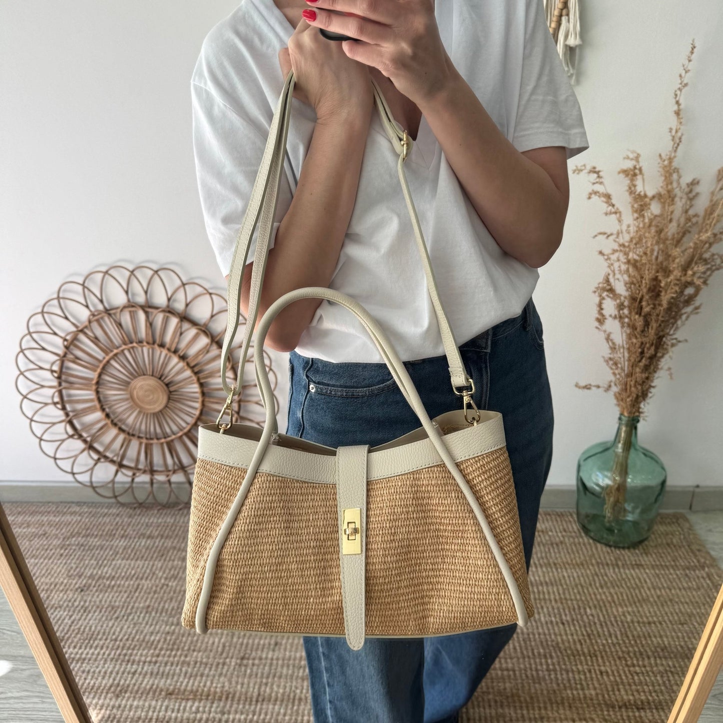 Bolso shopping piel y rafia beige mediano