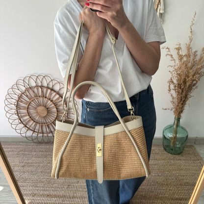 Bolso shopping piel y rafia beige mediano
