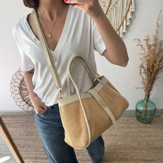 Bolso shopping piel y rafia beige mediano - Bubbleshopbcn