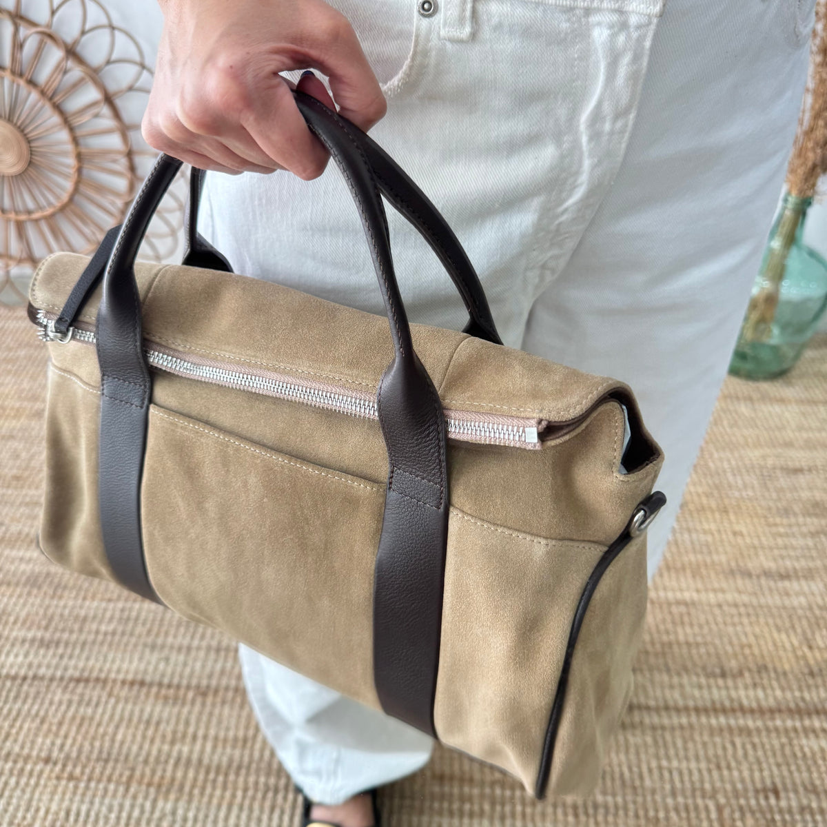 Bolso combinado serraje beige  y piel marrón