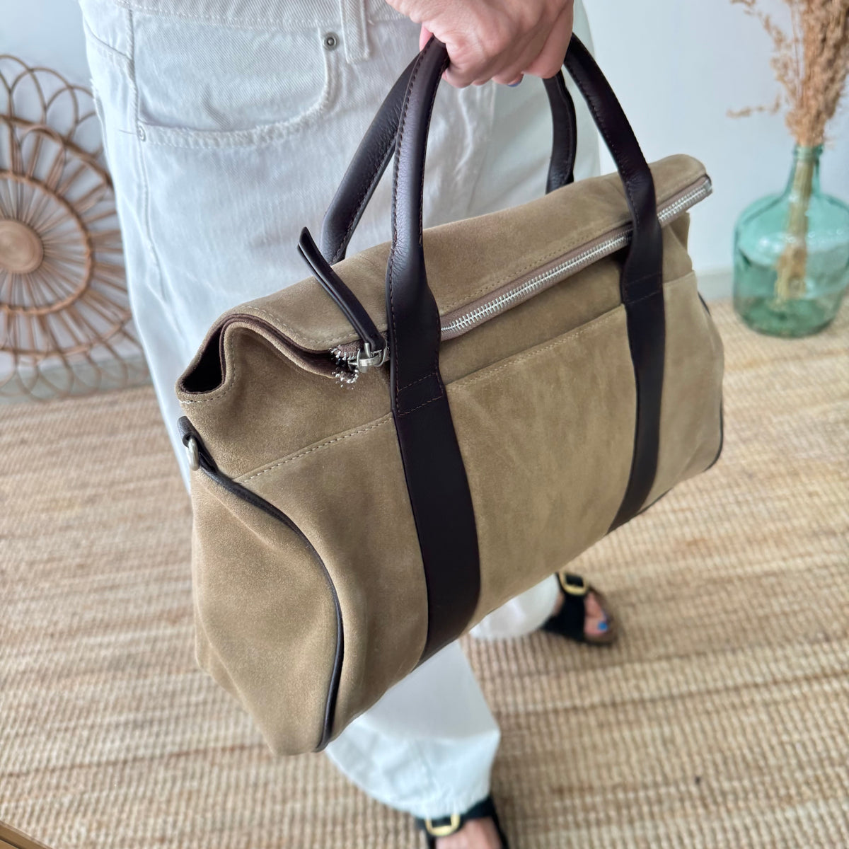 Bolso combinado serraje beige  y piel marrón