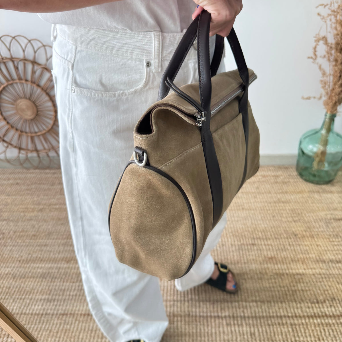 Bolso combinado serraje beige  y piel marrón