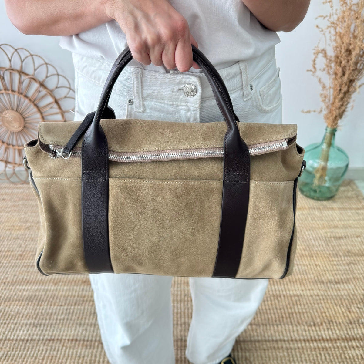 Bolso combinado serraje beige  y piel marrón