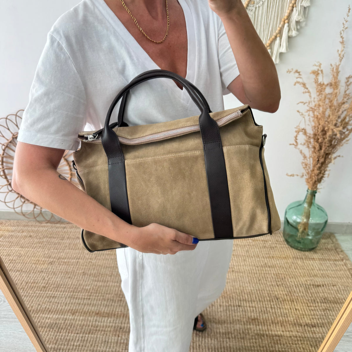 Bolso combinado serraje beige  y piel marrón