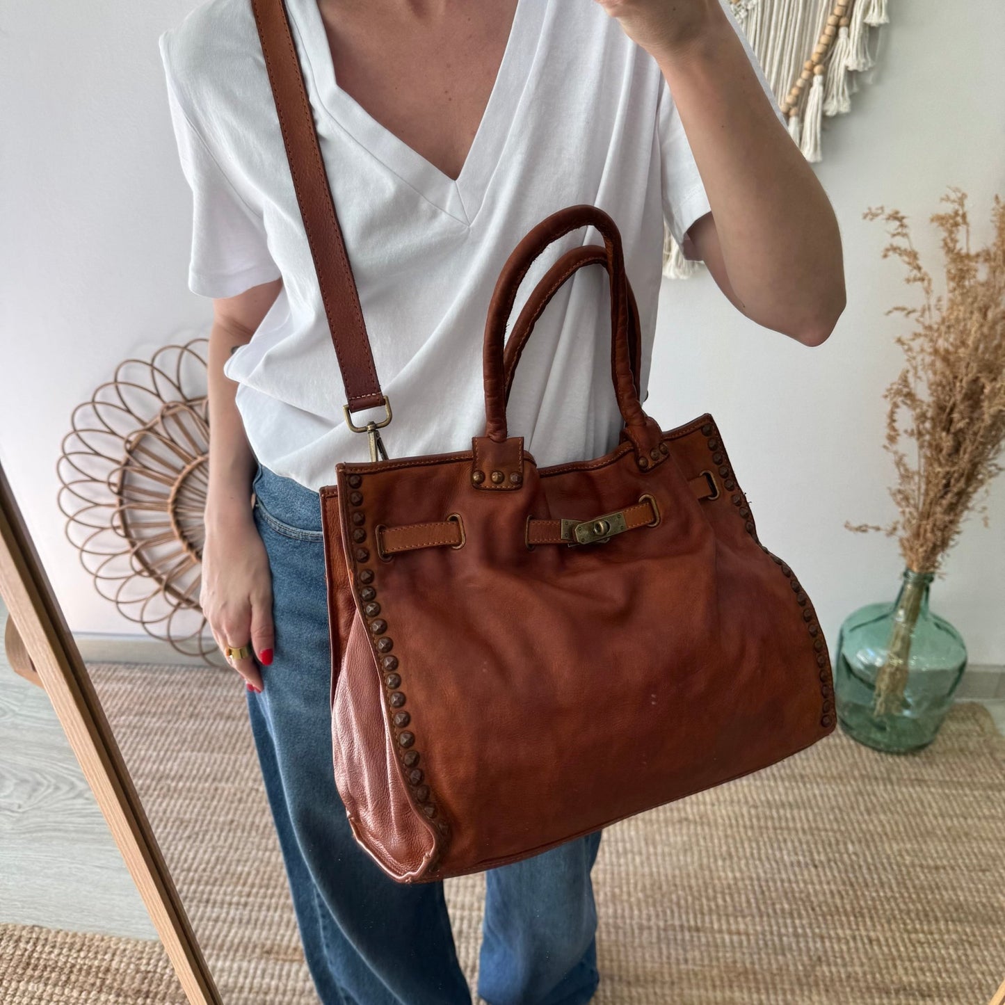 Shopper piel lavada camel tachuelas - Bubbleshopbcn