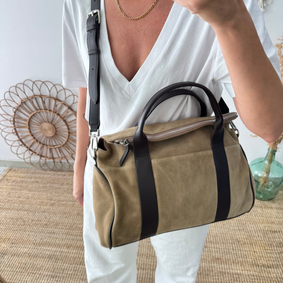 Bolso combinado serraje beige  y piel marrón
