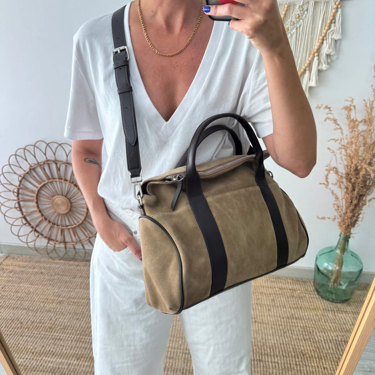 Bolso combinado serraje beige  y piel marrón