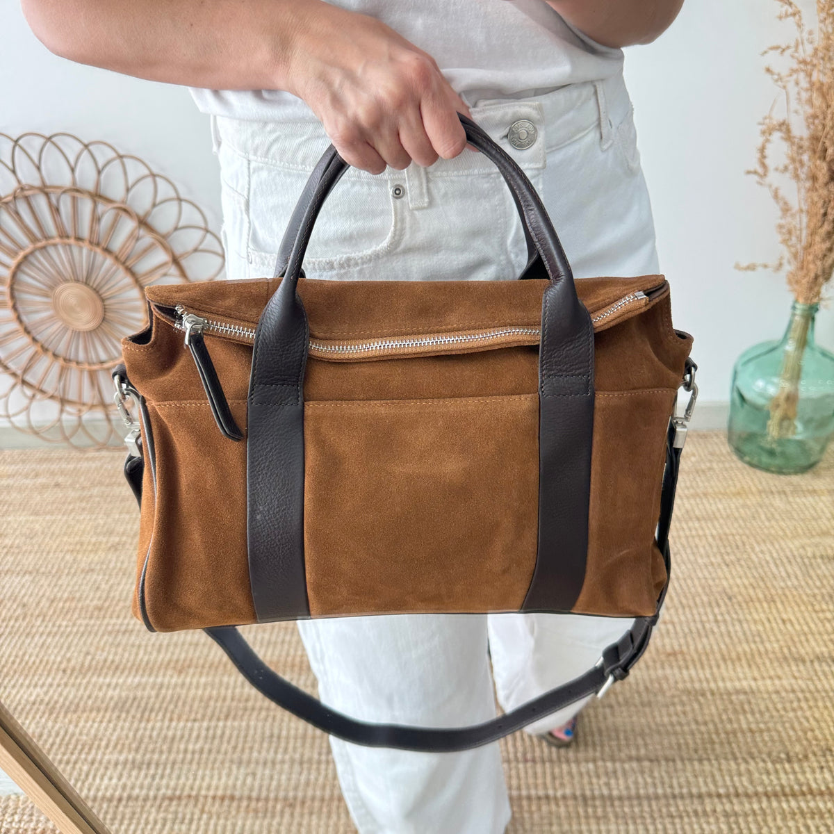Bolso combinado serraje Camel  y piel marrón