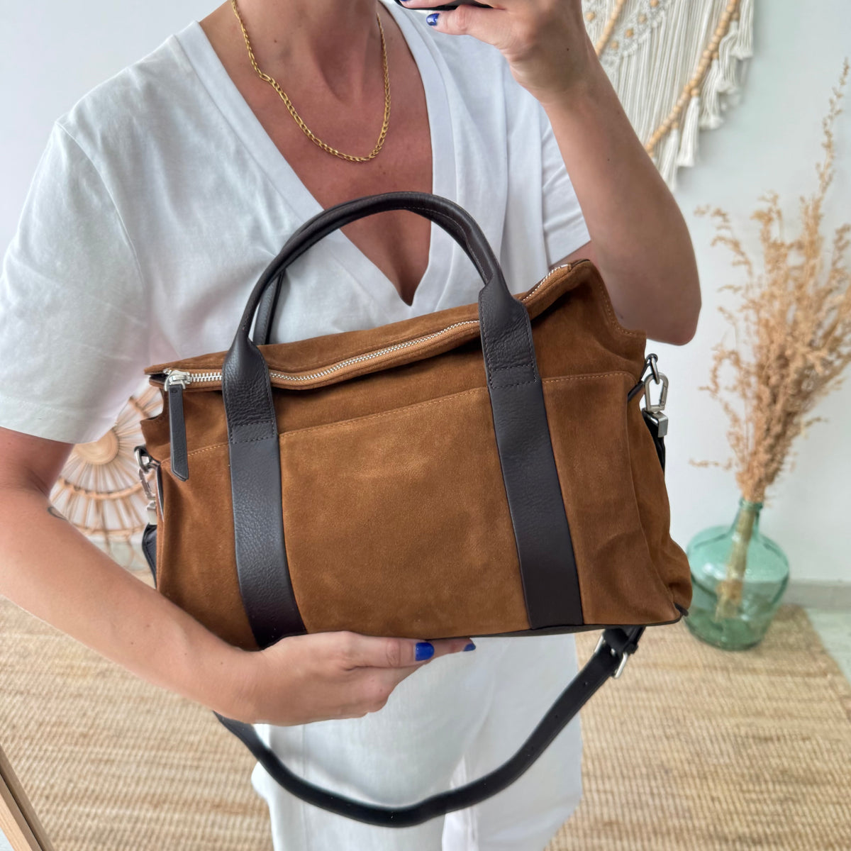 Bolso combinado serraje Camel  y piel marrón