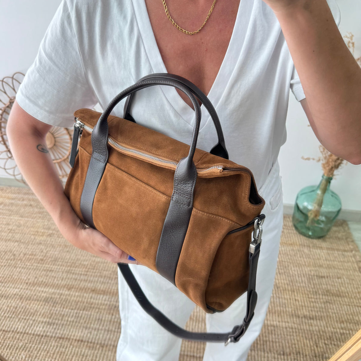 Bolso combinado serraje Camel  y piel marrón