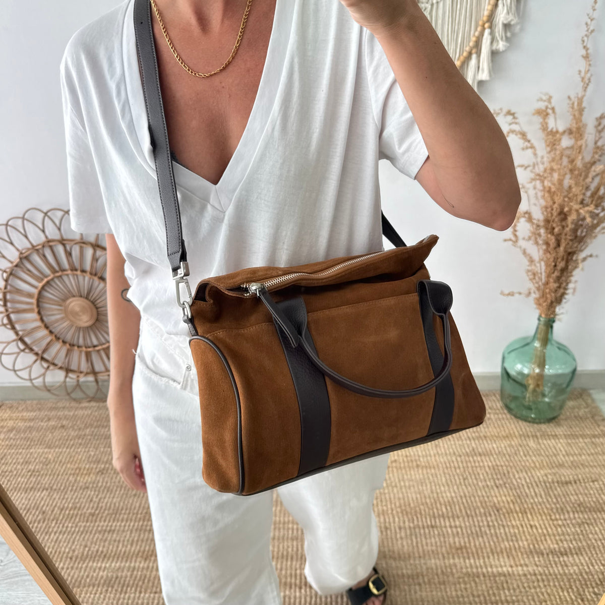 Bolso combinado serraje Camel  y piel marrón