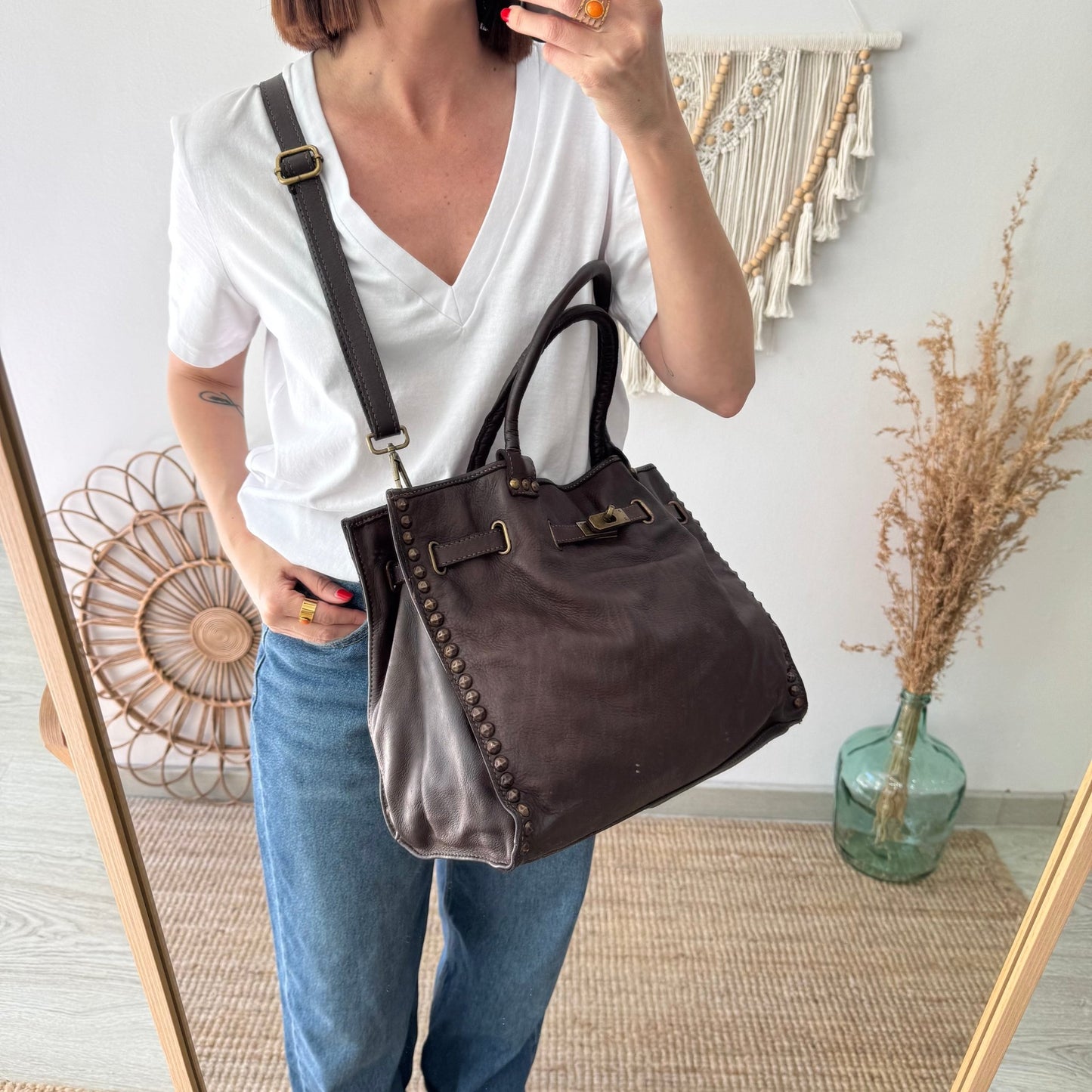 Shopper piel lavada marrón tachuelas - Bubbleshopbcn