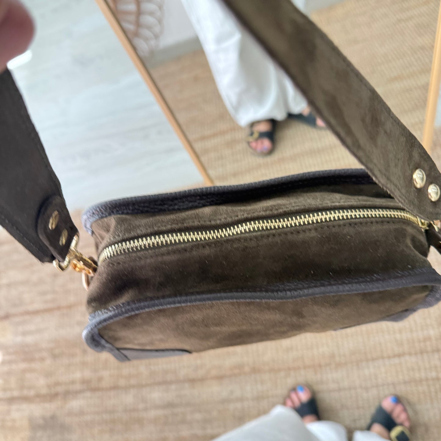 Bolso baúl serraje caqui y piel marrón