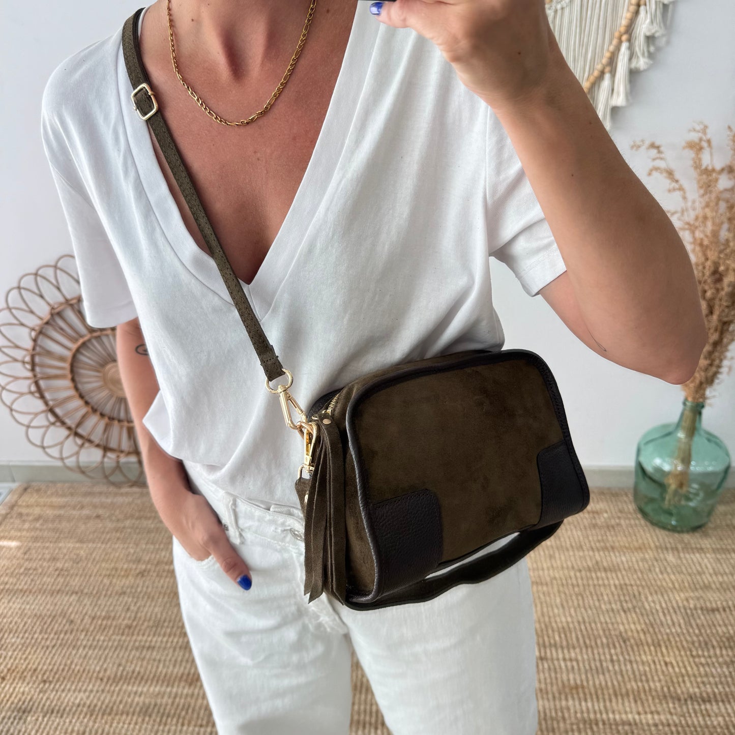 Bolso baúl serraje caqui y piel marrón