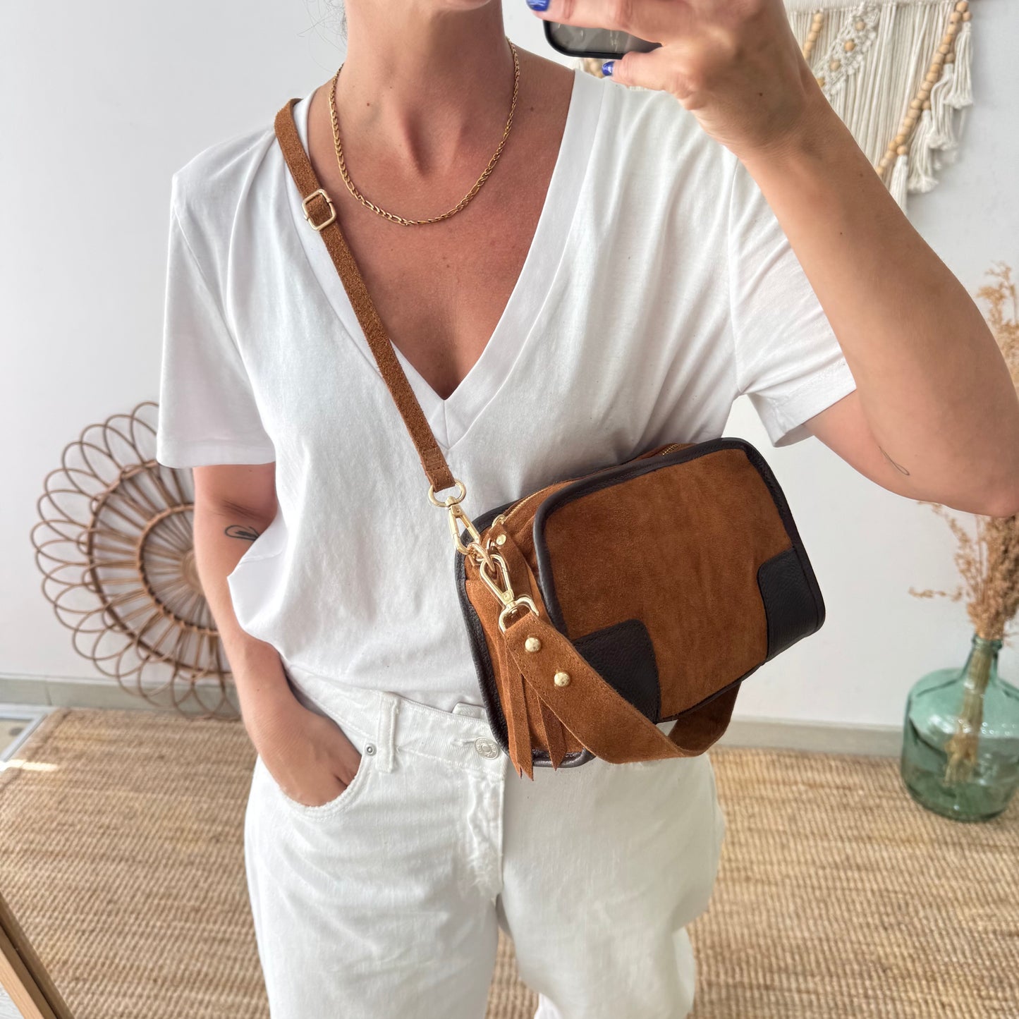 Bolso baúl serraje camel y piel marrón