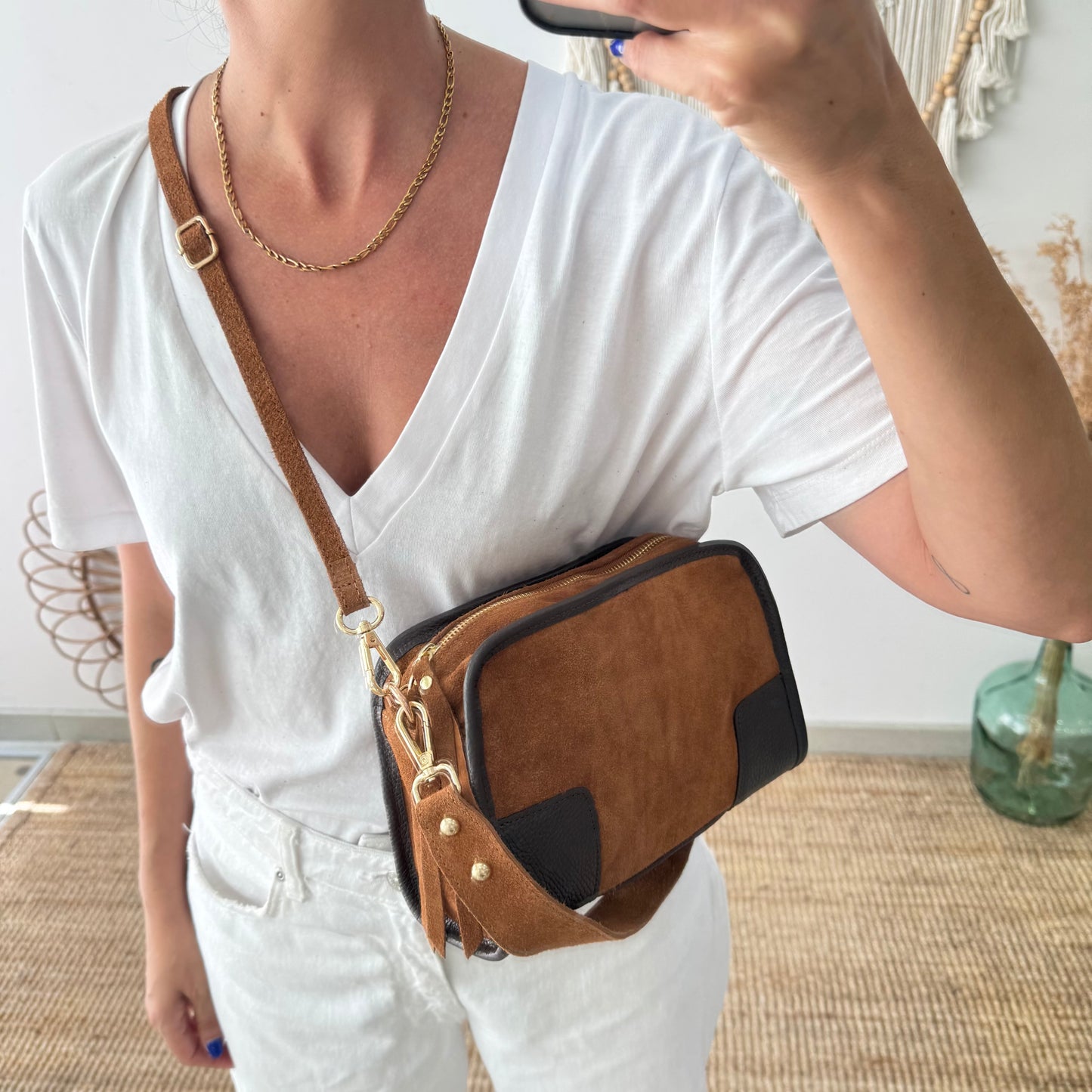 Bolso baúl serraje camel y piel marrón
