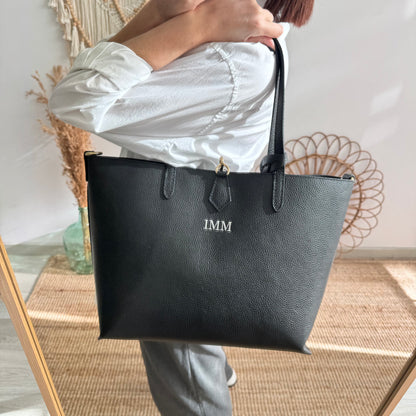 Bolso shopper piel negro cierre iniciales bordadas