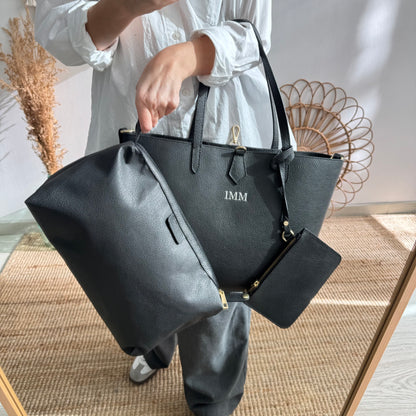 Bolso shopper piel negro cierre iniciales bordadas