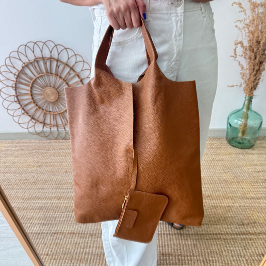 Bolso Tote piel camel con monedero