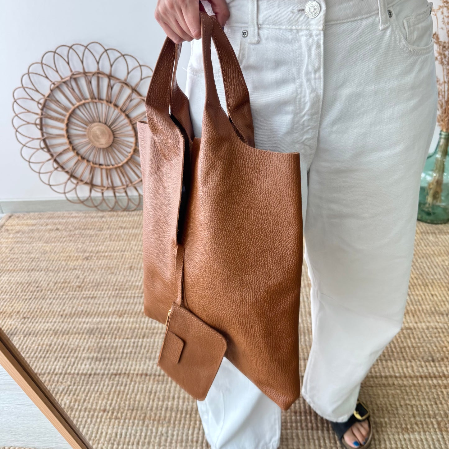 Bolso Tote piel camel con monedero