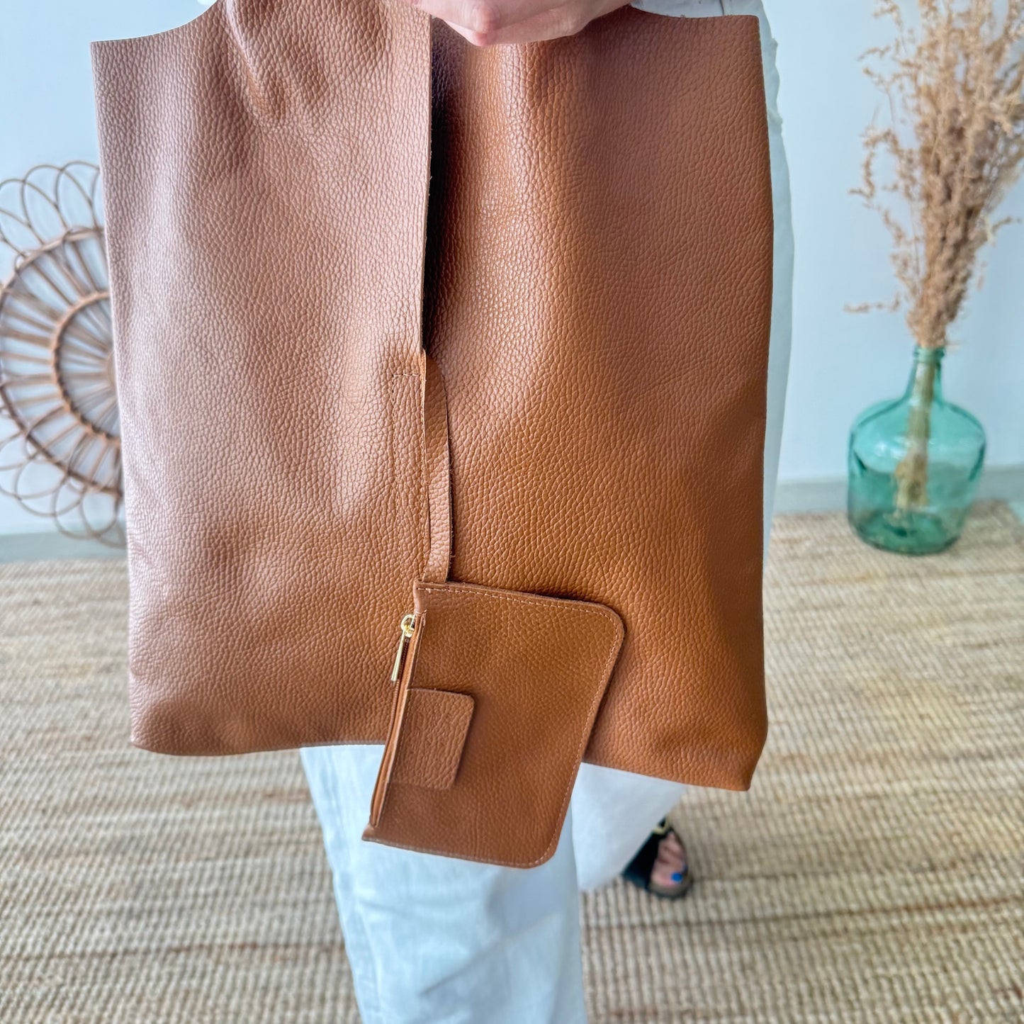 Bolso Tote piel camel con monedero