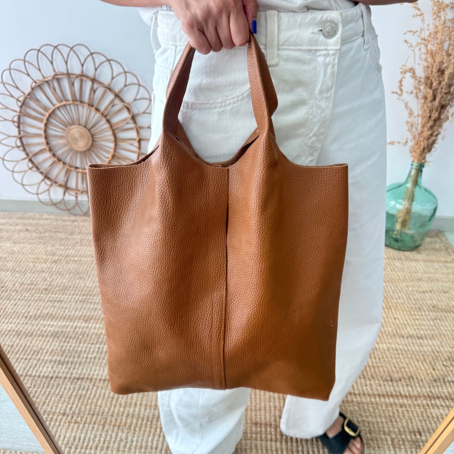 Bolso Tote piel camel con monedero
