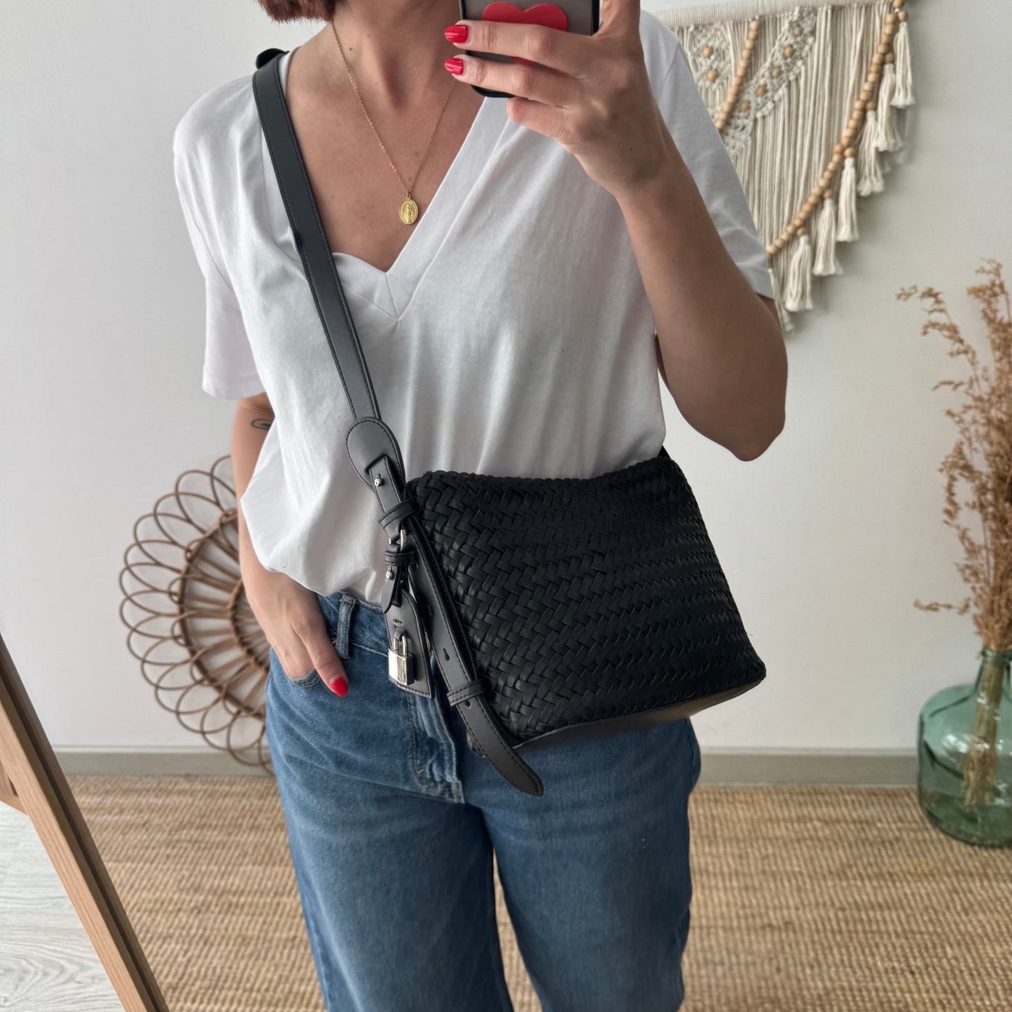 Bolso saco en piel trenzada candado negro - Bubbleshopbcn