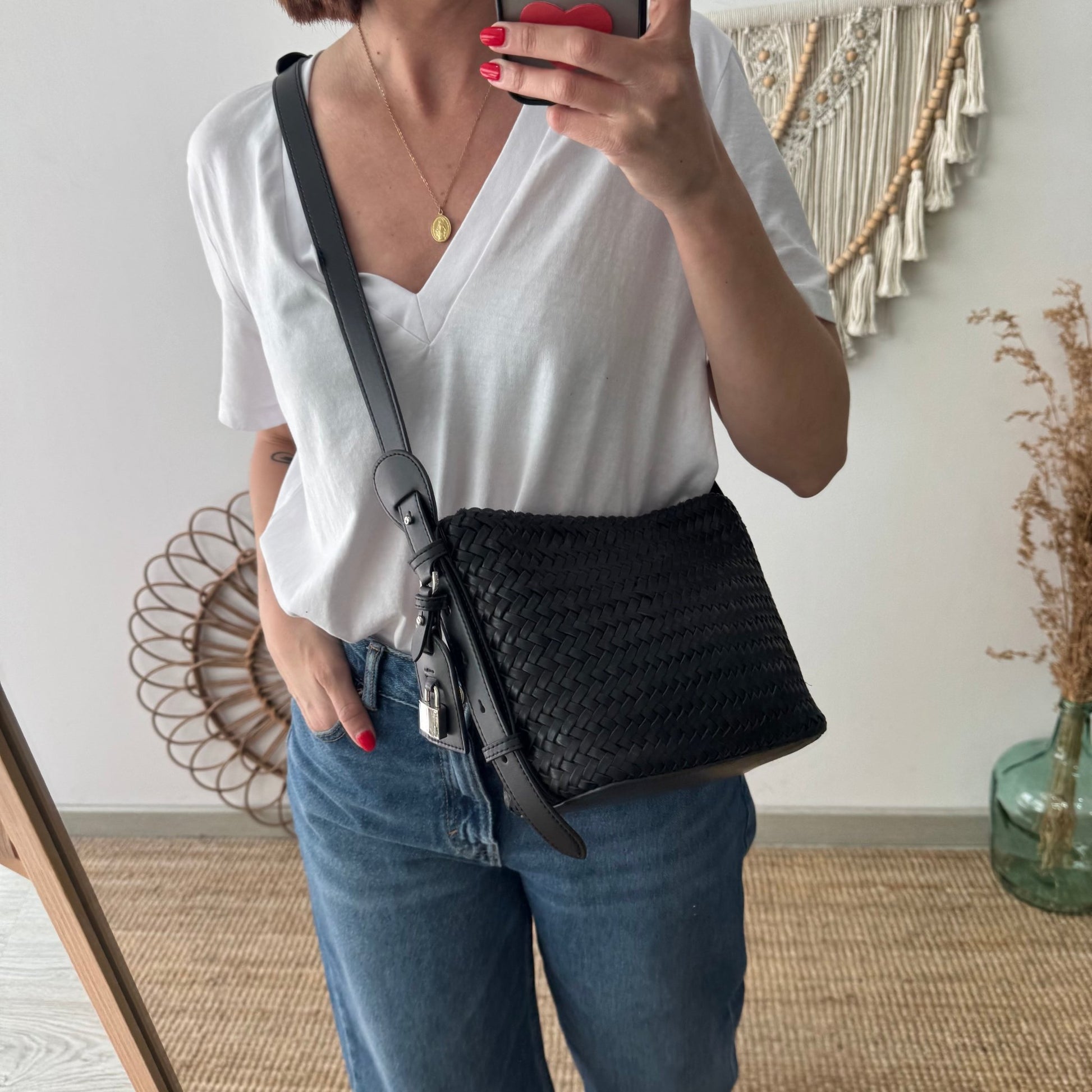 Bolso saco en piel trenzada candado negro - Bubbleshopbcn