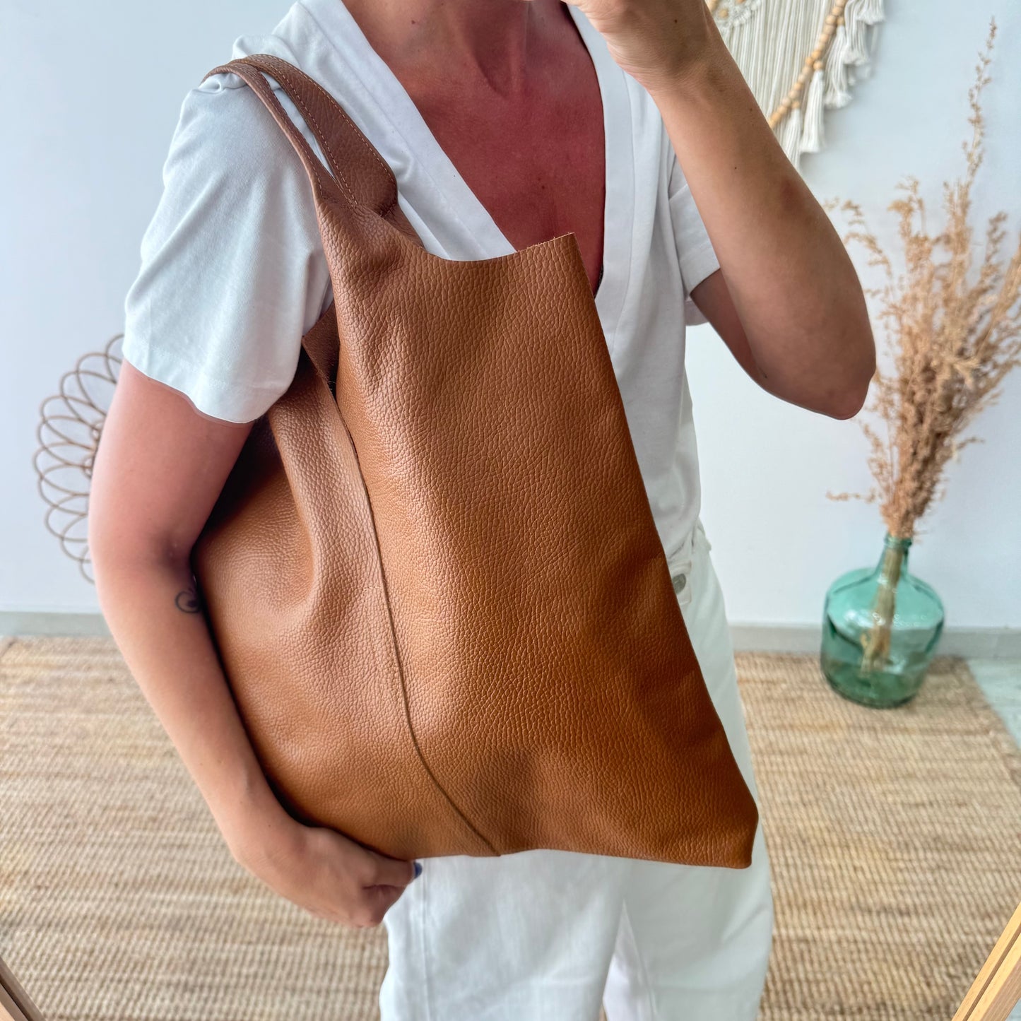 Bolso Tote piel camel con monedero
