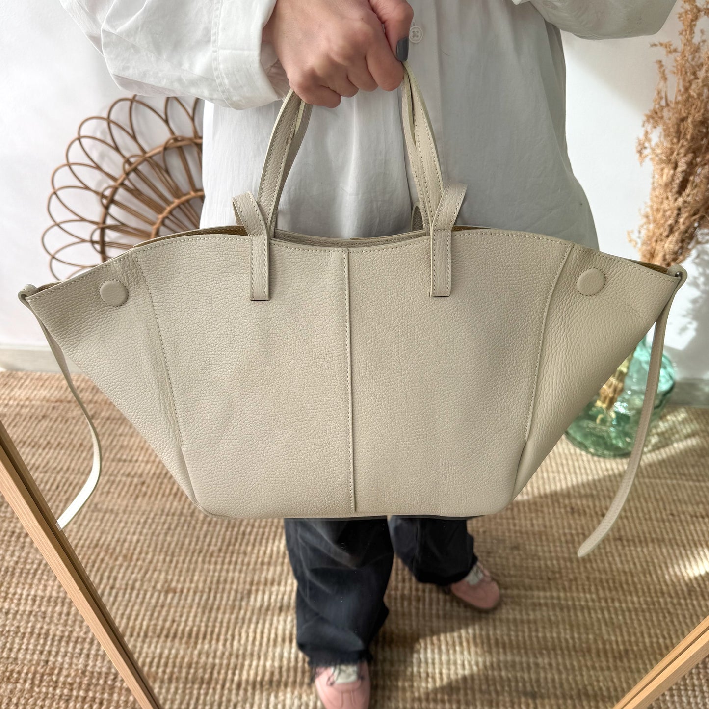 Bolso tote beige piel