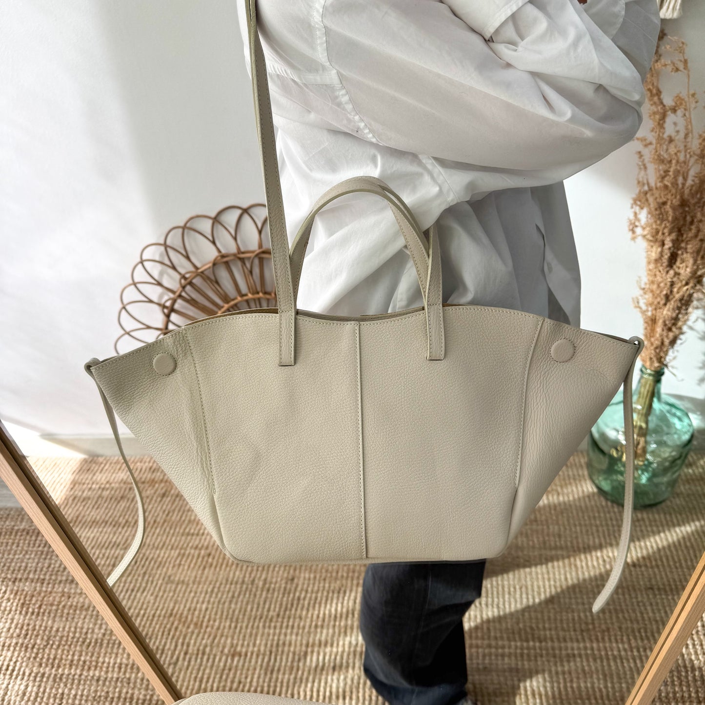 Bolso tote beige piel