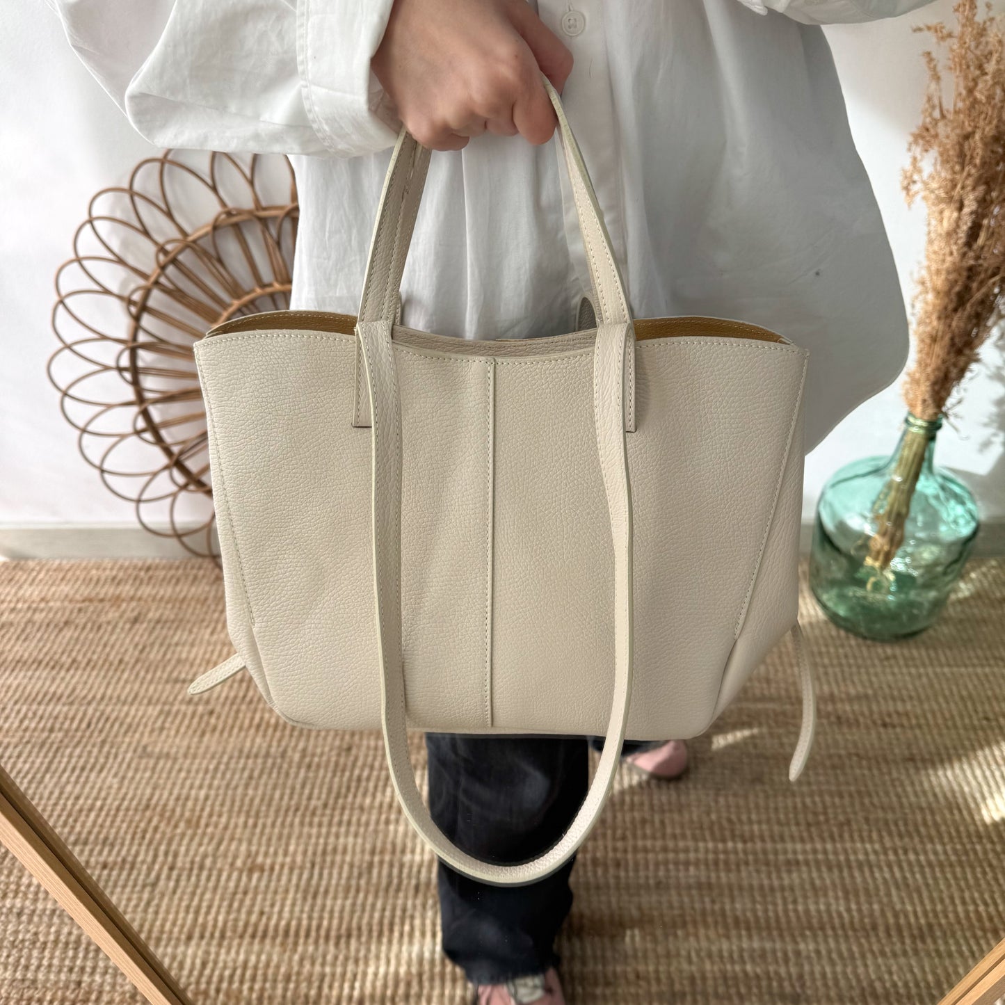 Bolso tote beige piel