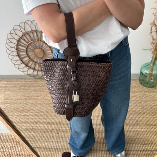 Bolso saco en piel trenzada candado marrón - Bubbleshopbcn