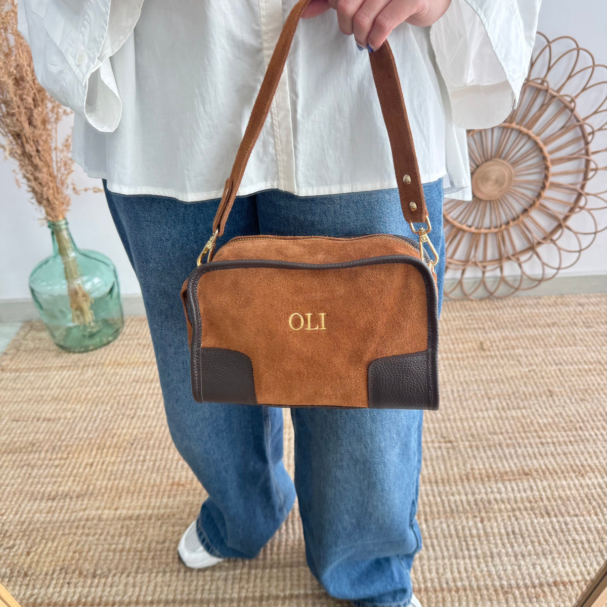Bolso baúl serraje camel y piel marrón