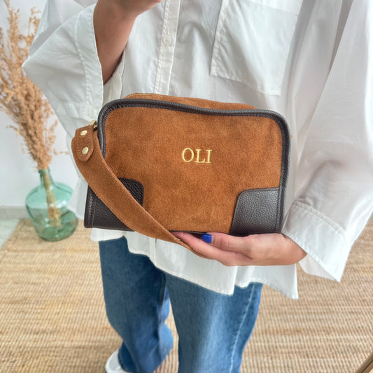 Bolso baúl serraje camel y piel marrón